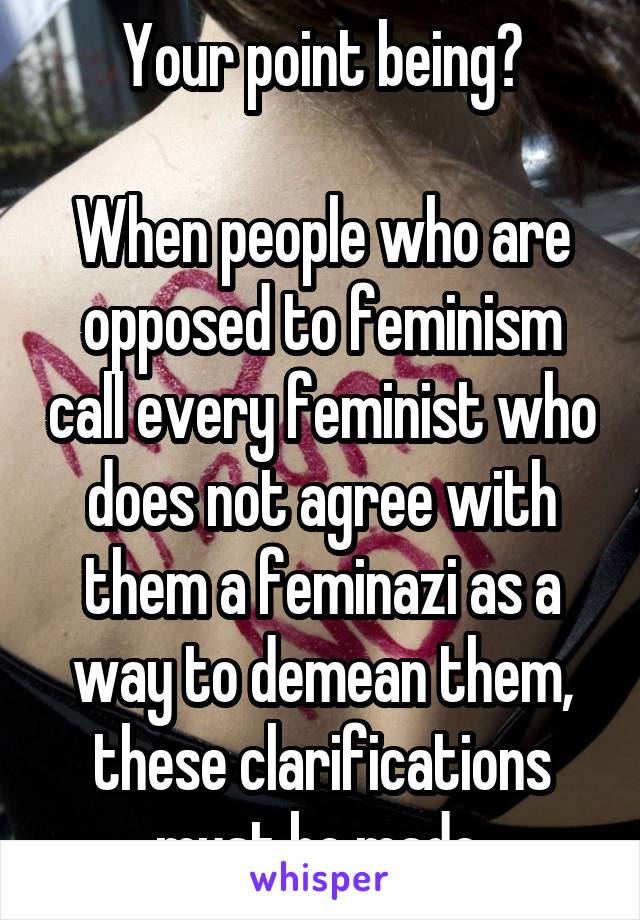Your point being?

When people who are opposed to feminism call every feminist who does not agree with them a feminazi as a way to demean them, these clarifications must be made.