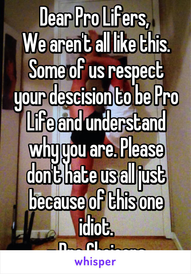 Dear Pro Lifers, 
We aren't all like this. Some of us respect your descision to be Pro Life and understand why you are. Please don't hate us all just because of this one idiot.
- Pro Choicers