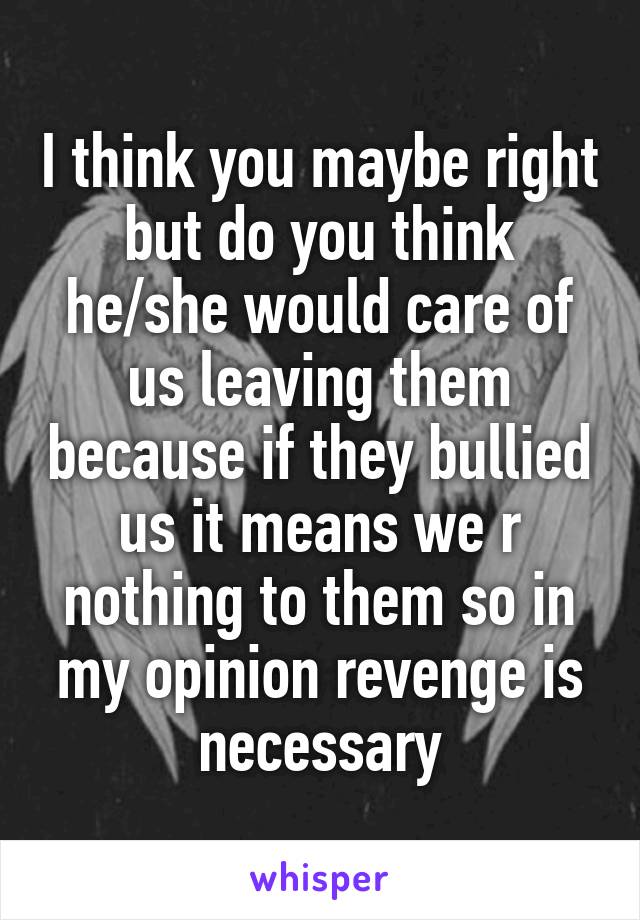 I think you maybe right but do you think he/she would care of us leaving them because if they bullied us it means we r nothing to them so in my opinion revenge is necessary
