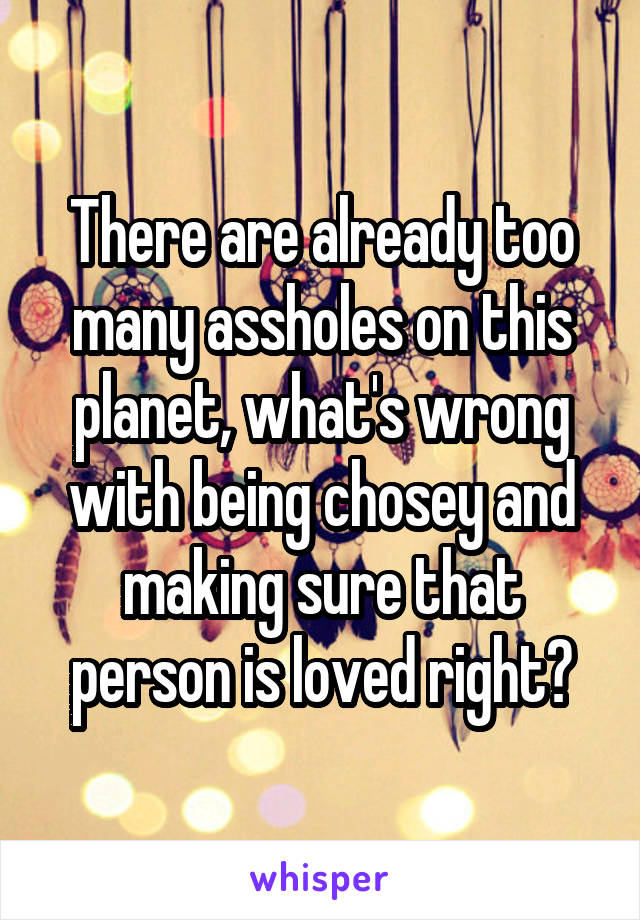 There are already too many assholes on this planet, what's wrong with being chosey and making sure that person is loved right?