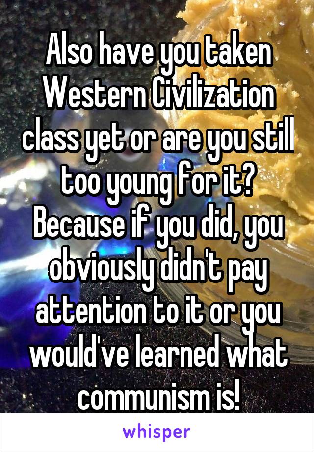 Also have you taken Western Civilization class yet or are you still too young for it? Because if you did, you obviously didn't pay attention to it or you would've learned what communism is!