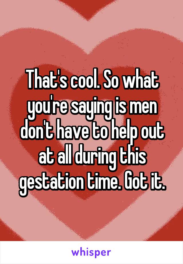 That's cool. So what you're saying is men don't have to help out at all during this gestation time. Got it.