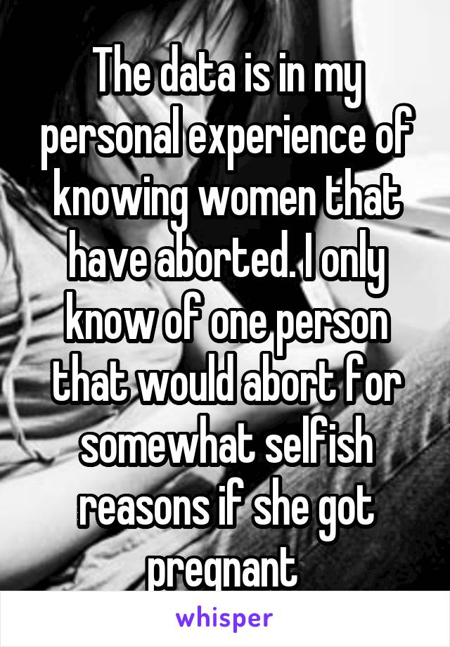 The data is in my personal experience of knowing women that have aborted. I only know of one person that would abort for somewhat selfish reasons if she got pregnant 