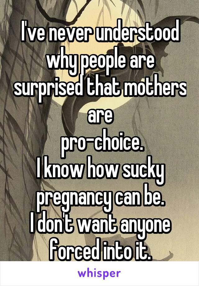 I've never understood why people are surprised that mothers are
 pro-choice.
I know how sucky pregnancy can be.
I don't want anyone forced into it.