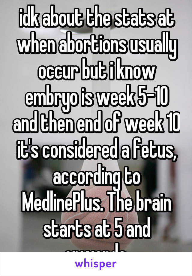 idk about the stats at when abortions usually occur but i know embryo is week 5-10 and then end of week 10 it's considered a fetus, according to MedlinePlus. The brain starts at 5 and onwards.