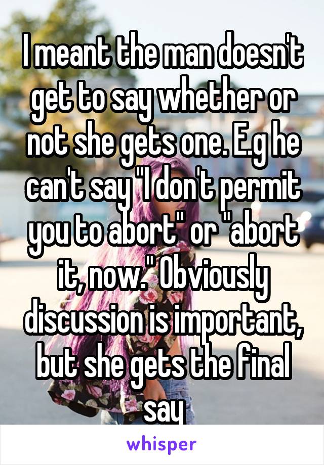 I meant the man doesn't get to say whether or not she gets one. E.g he can't say "I don't permit you to abort" or "abort it, now." Obviously discussion is important, but she gets the final say