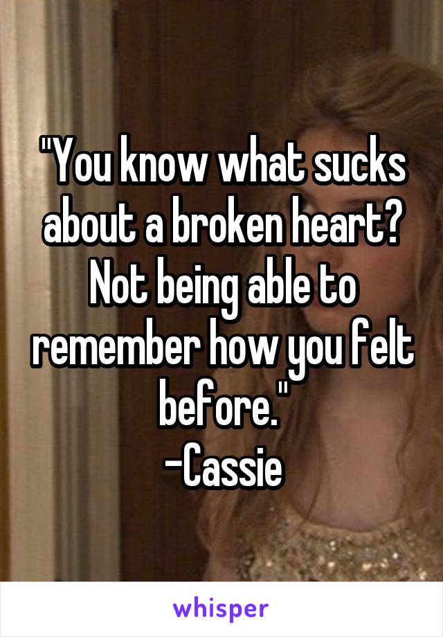 "You know what sucks about a broken heart? Not being able to remember how you felt before."
-Cassie
