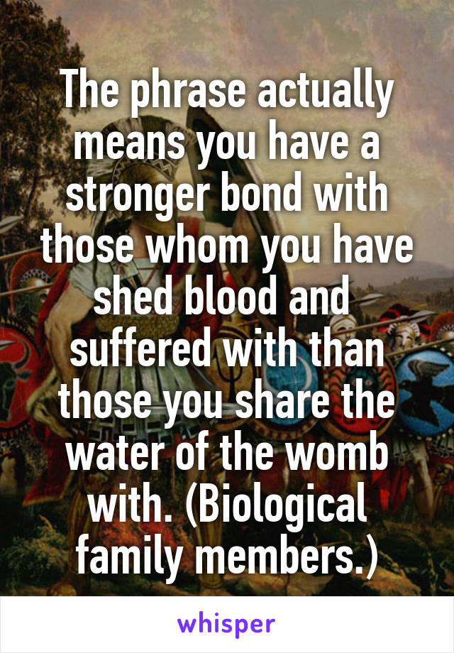 The phrase actually means you have a stronger bond with those whom you have shed blood and  suffered with than those you share the water of the womb with. (Biological family members.)