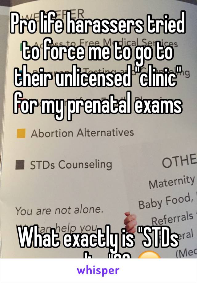 Pro life harassers tried to force me to go to their unlicensed "clinic" for my prenatal exams




What exactly is "STDs counseling"?? 😂