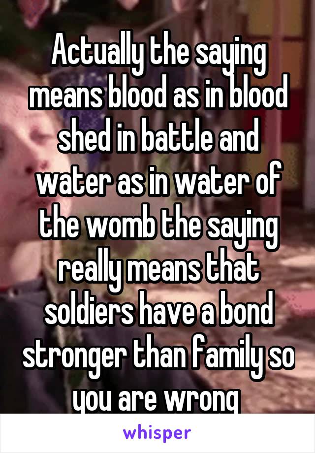 Actually the saying means blood as in blood shed in battle and water as in water of the womb the saying really means that soldiers have a bond stronger than family so you are wrong 
