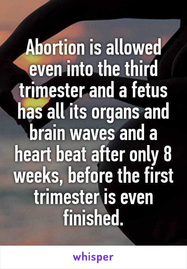 Abortion is allowed even into the third trimester and a fetus has all its organs and brain waves and a heart beat after only 8 weeks, before the first trimester is even finished.