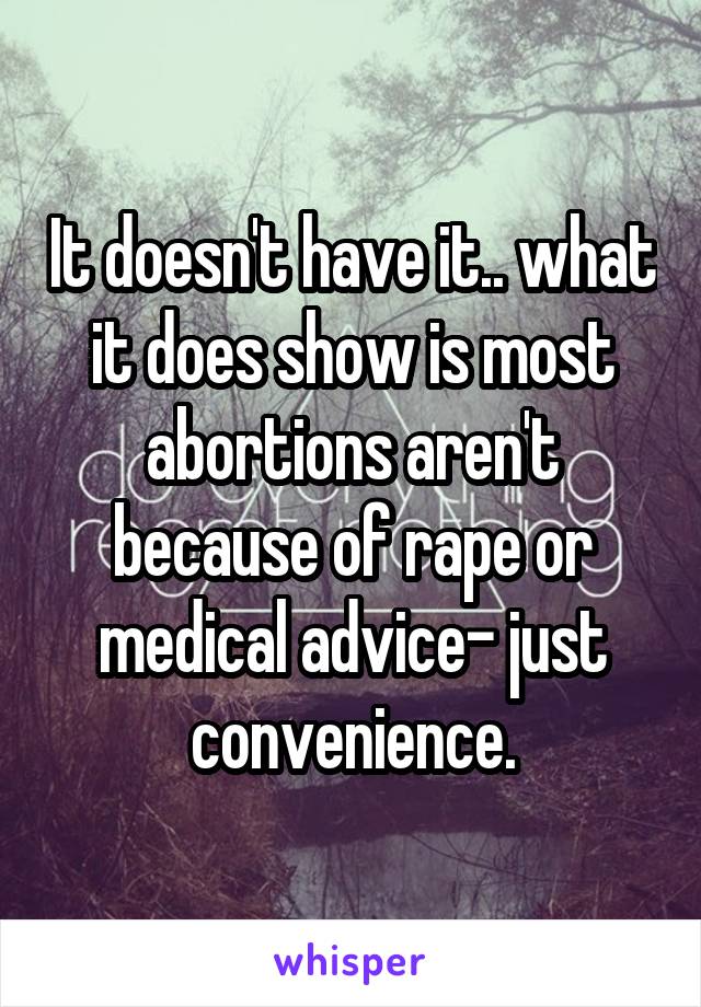 It doesn't have it.. what it does show is most abortions aren't because of rape or medical advice- just convenience.