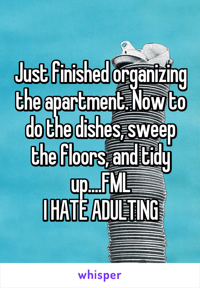 Just finished organizing the apartment. Now to do the dishes, sweep the floors, and tidy up....FML
I HATE ADULTING