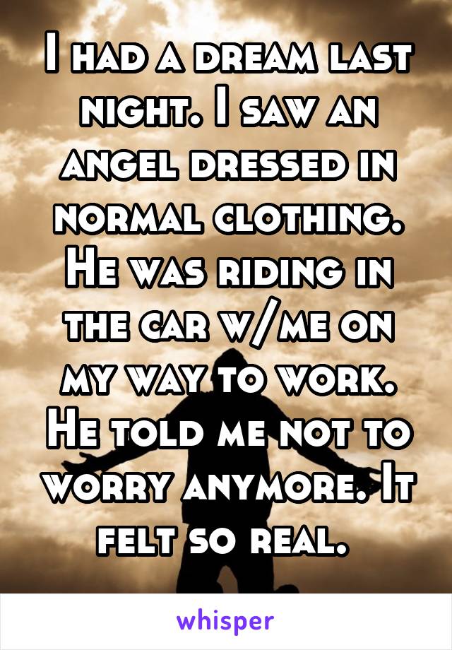 I had a dream last night. I saw an angel dressed in normal clothing. He was riding in the car w/me on my way to work. He told me not to worry anymore. It felt so real. 
