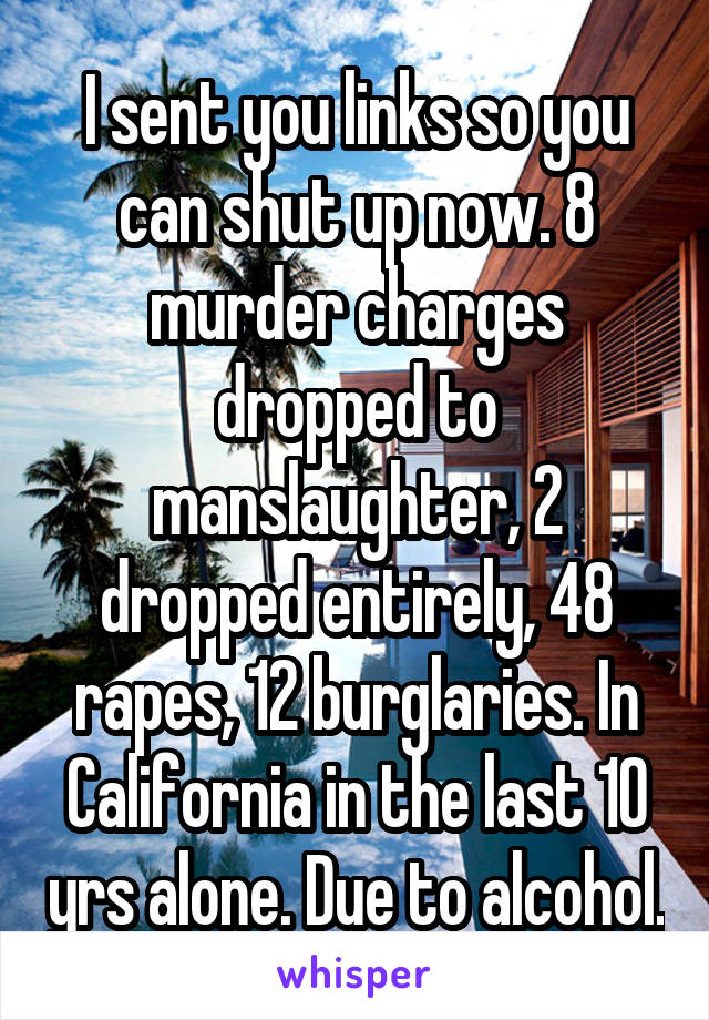 I sent you links so you can shut up now. 8 murder charges dropped to manslaughter, 2 dropped entirely, 48 rapes, 12 burglaries. In California in the last 10 yrs alone. Due to alcohol.