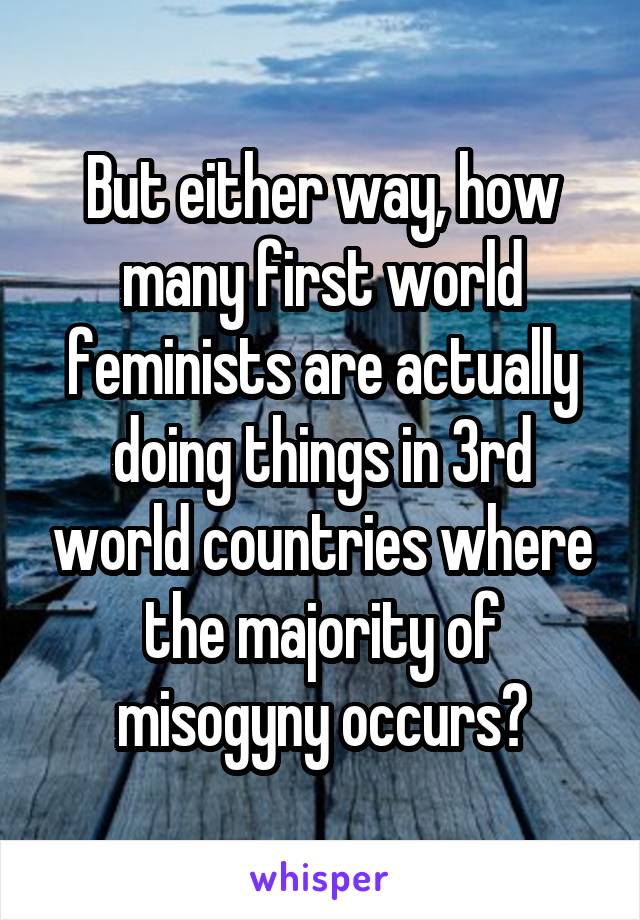 But either way, how many first world feminists are actually doing things in 3rd world countries where the majority of misogyny occurs?