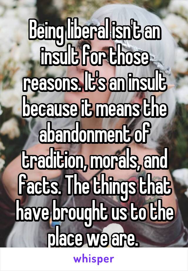 Being liberal isn't an insult for those reasons. It's an insult because it means the abandonment of tradition, morals, and facts. The things that have brought us to the place we are. 