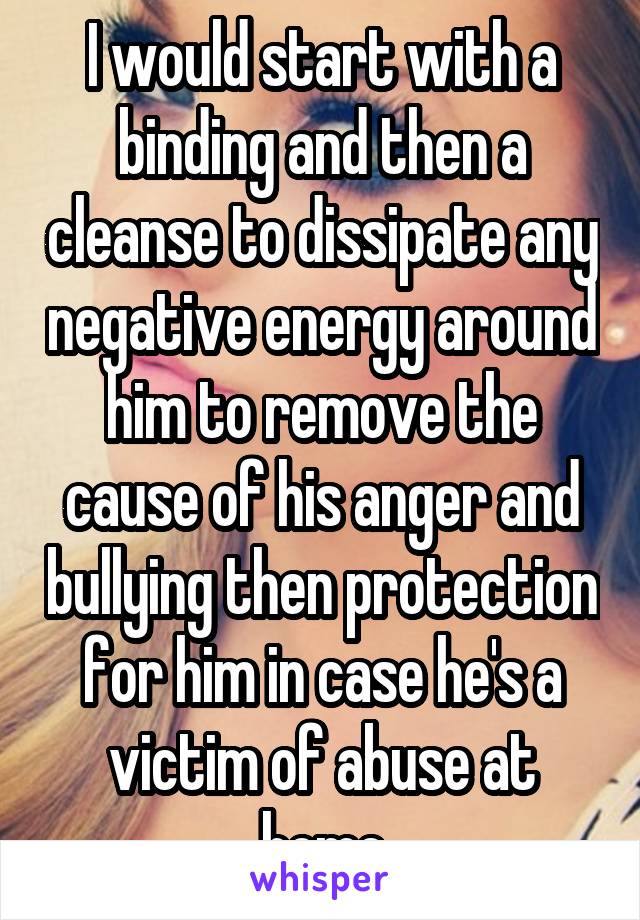 I would start with a binding and then a cleanse to dissipate any negative energy around him to remove the cause of his anger and bullying then protection for him in case he's a victim of abuse at home