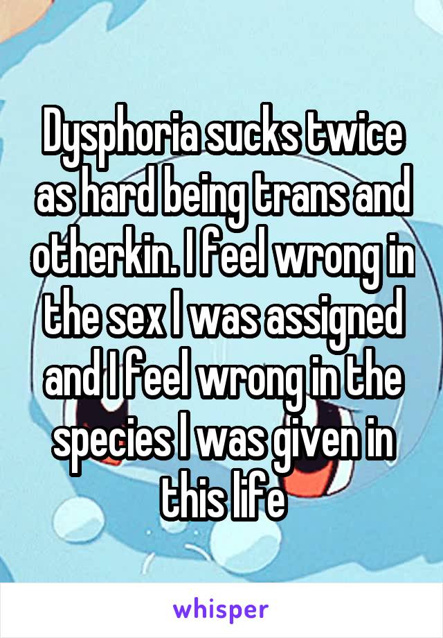 Dysphoria sucks twice as hard being trans and otherkin. I feel wrong in the sex I was assigned and I feel wrong in the species I was given in this life