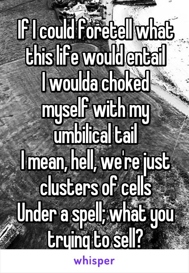 If I could foretell what this life would entail
I woulda choked myself with my umbilical tail
I mean, hell, we're just clusters of cells
Under a spell; what you trying to sell?