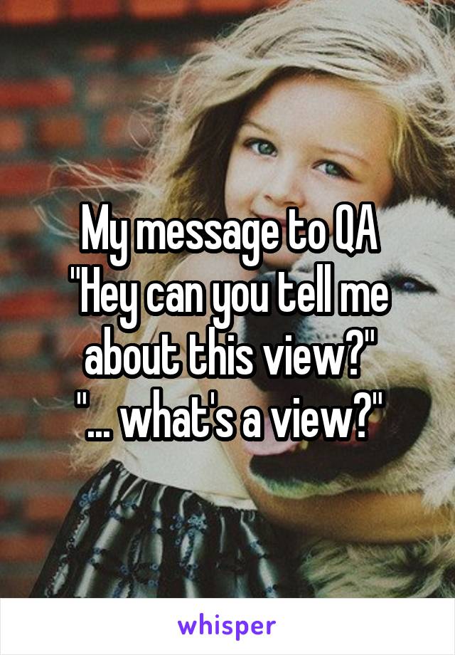 My message to QA
"Hey can you tell me about this view?"
"... what's a view?"