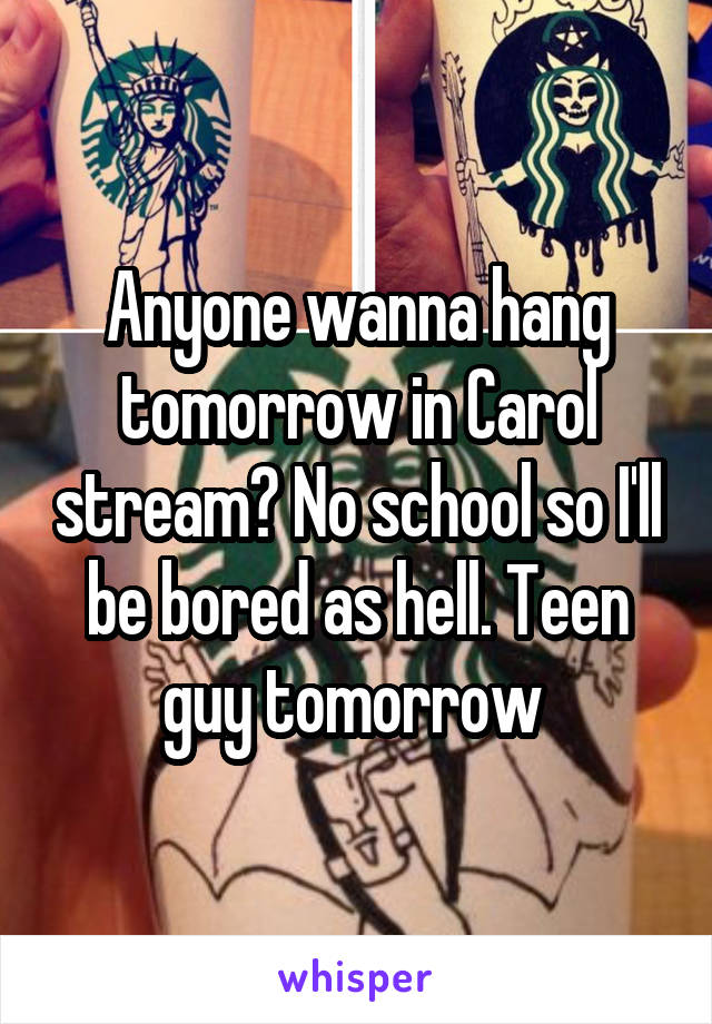 Anyone wanna hang tomorrow in Carol stream? No school so I'll be bored as hell. Teen guy tomorrow 