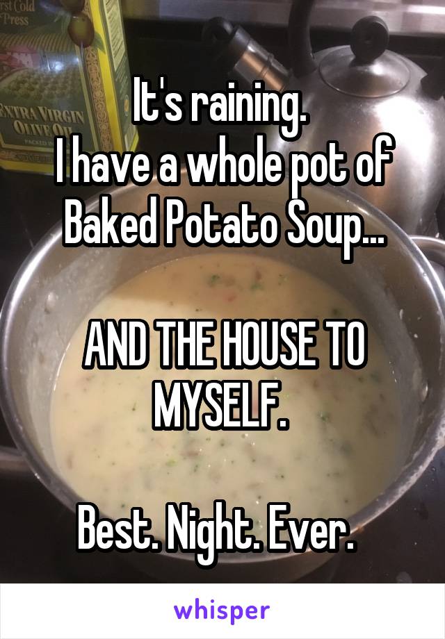 It's raining. 
I have a whole pot of Baked Potato Soup...

AND THE HOUSE TO MYSELF. 

Best. Night. Ever.  