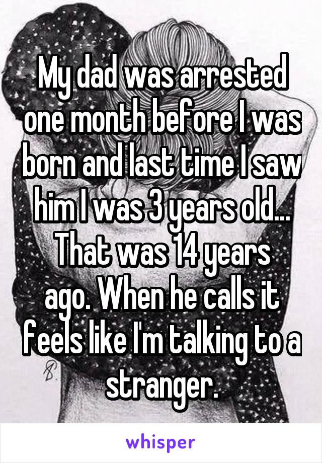 My dad was arrested one month before I was born and last time I saw him I was 3 years old...
That was 14 years ago. When he calls it feels like I'm talking to a stranger.