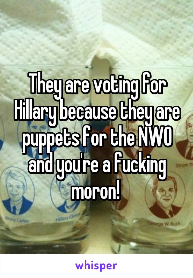 They are voting for Hillary because they are puppets for the NWO and you're a fucking moron! 