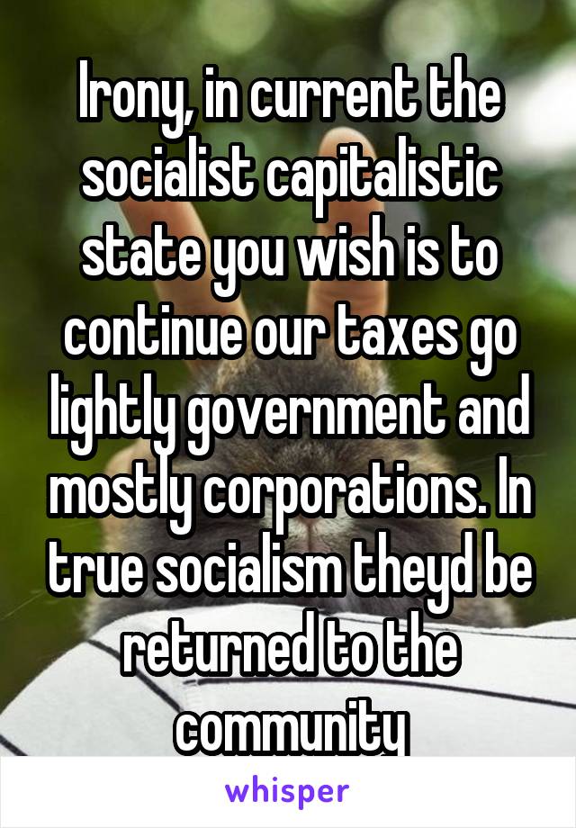 Irony, in current the socialist capitalistic state you wish is to continue our taxes go lightly government and mostly corporations. In true socialism theyd be returned to the community