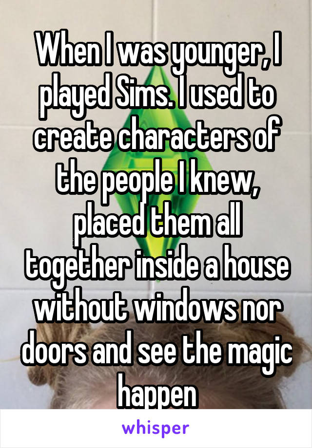 When I was younger, I played Sims. I used to create characters of the people I knew, placed them all together inside a house without windows nor doors and see the magic happen