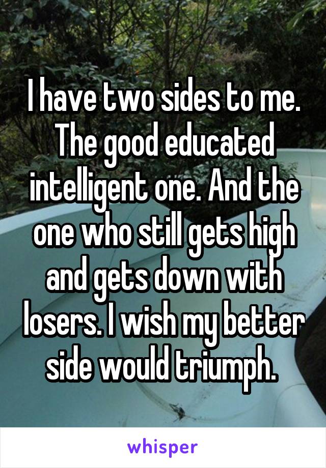 I have two sides to me. The good educated intelligent one. And the one who still gets high and gets down with losers. I wish my better side would triumph. 