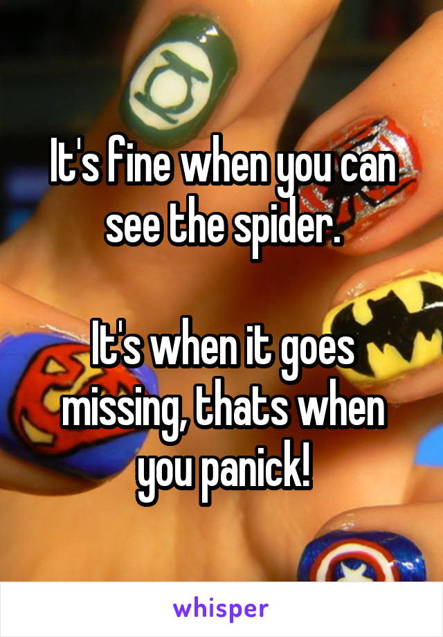 It's fine when you can see the spider.

It's when it goes missing, thats when you panick!