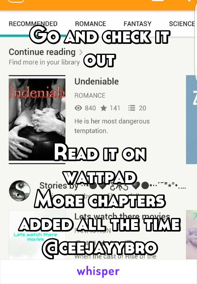 Go and check it out



Read it on wattpad
More chapters added all the time
@ceejayybro