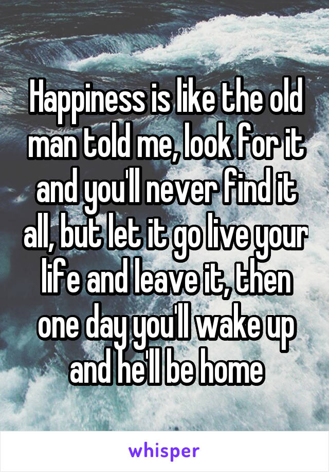 Happiness is like the old man told me, look for it and you'll never find it all, but let it go live your life and leave it, then one day you'll wake up and he'll be home