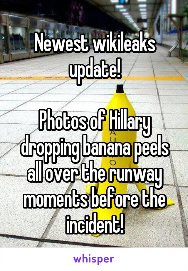 Newest wikileaks update!

Photos of Hillary dropping banana peels all over the runway moments before the incident!