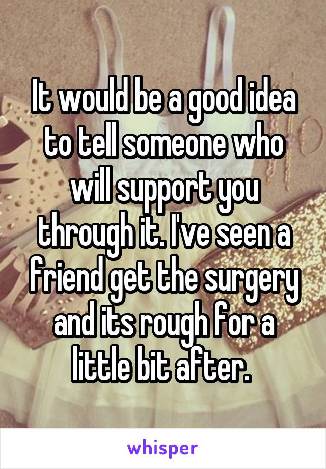 It would be a good idea to tell someone who will support you through it. I've seen a friend get the surgery and its rough for a little bit after. 