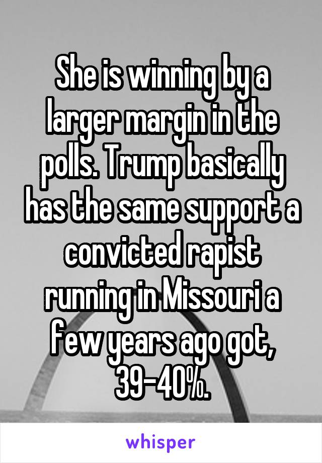 She is winning by a larger margin in the polls. Trump basically has the same support a convicted rapist running in Missouri a few years ago got, 39-40%.
