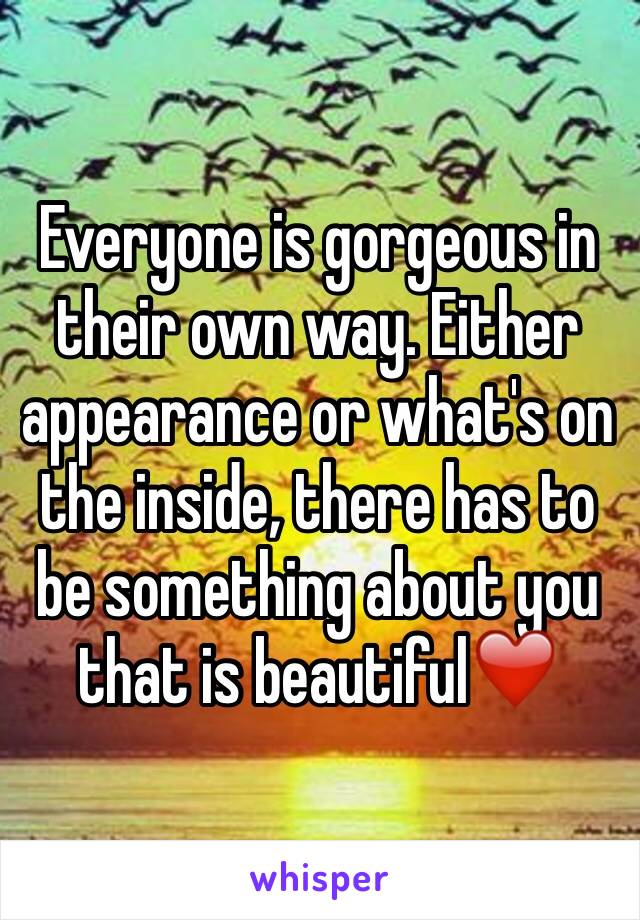 Everyone is gorgeous in their own way. Either appearance or what's on the inside, there has to be something about you that is beautiful❤️