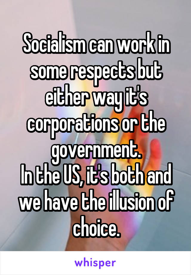 Socialism can work in some respects but either way it's corporations or the government.
In the US, it's both and we have the illusion of choice.