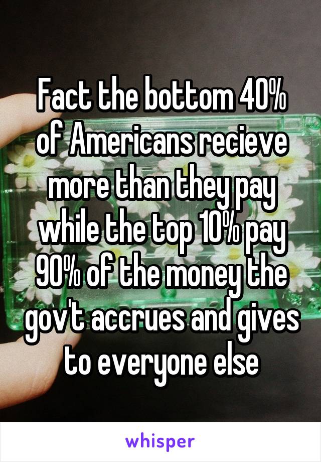 Fact the bottom 40% of Americans recieve more than they pay while the top 10% pay 90% of the money the gov't accrues and gives to everyone else