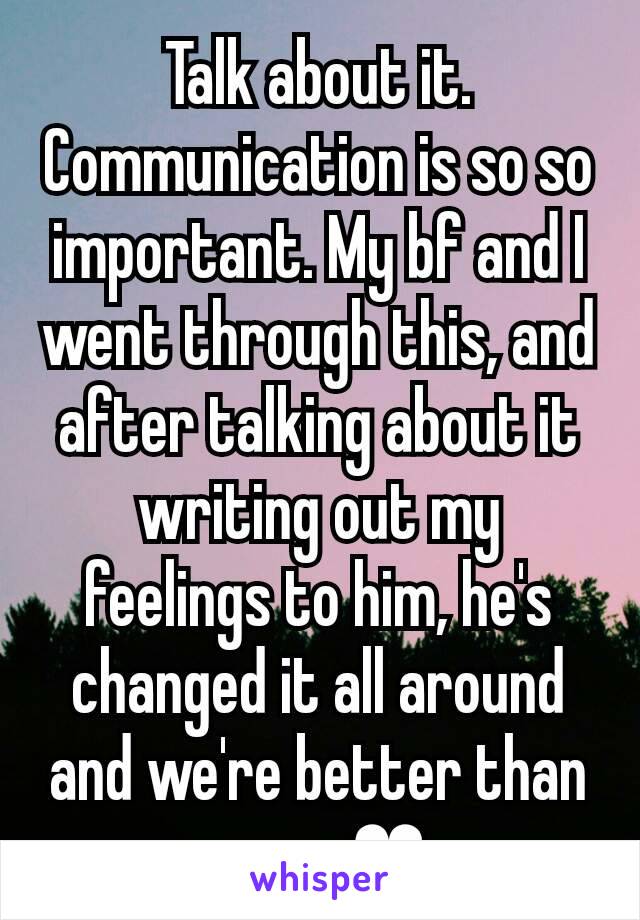 Talk about it. Communication is so so important. My bf and I went through this, and after talking about it writing out my feelings to him, he's changed it all around and we're better than ever. ❤