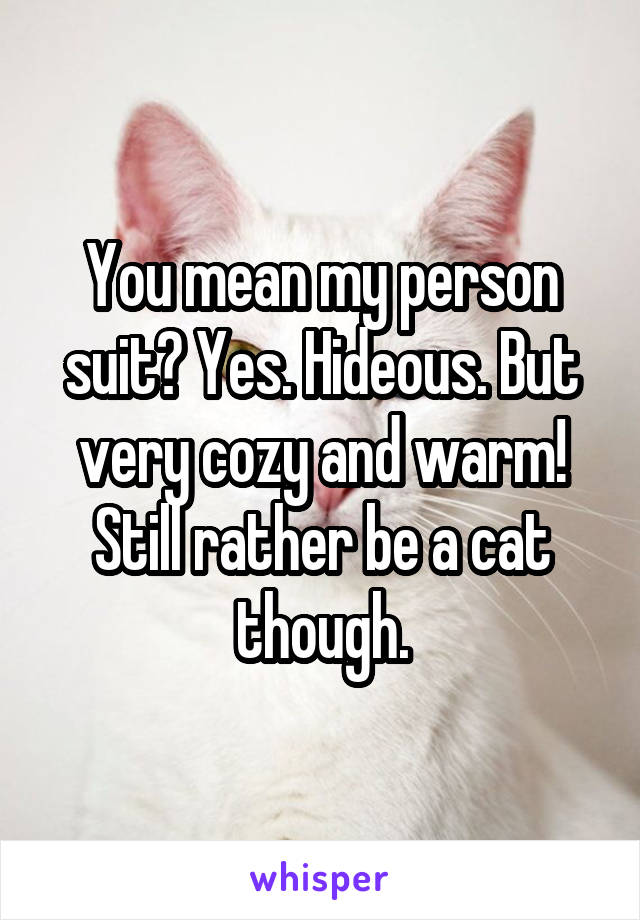 You mean my person suit? Yes. Hideous. But very cozy and warm! Still rather be a cat though.