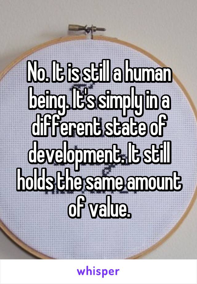 No. It is still a human being. It's simply in a different state of development. It still holds the same amount of value.