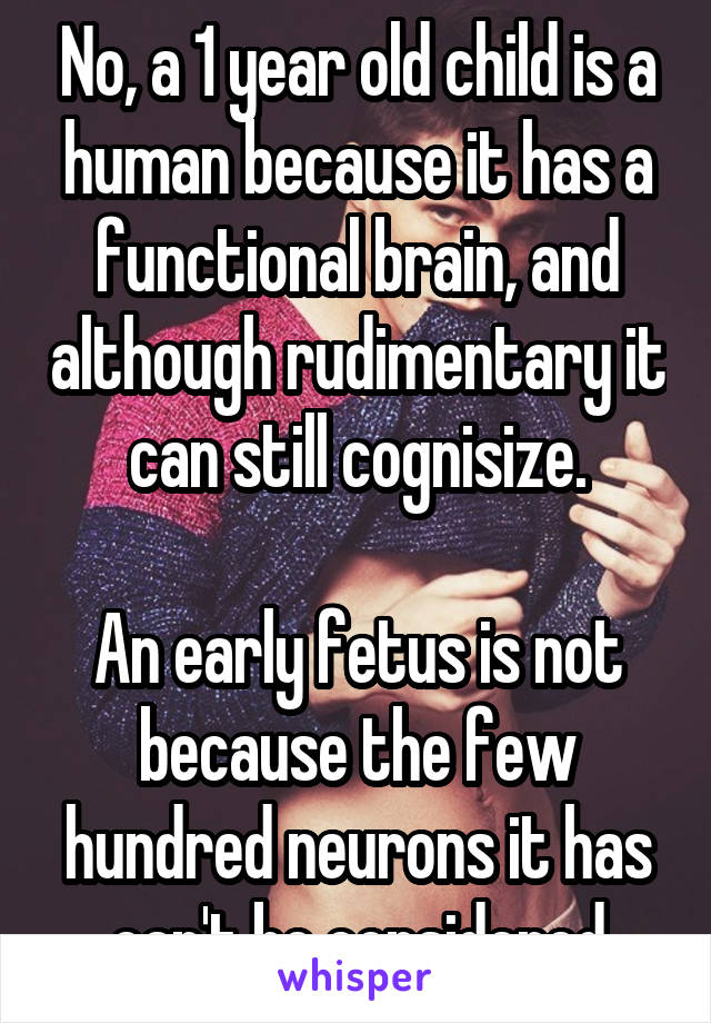 No, a 1 year old child is a human because it has a functional brain, and although rudimentary it can still cognisize.

An early fetus is not because the few hundred neurons it has can't be considered