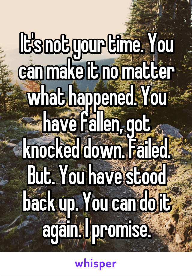 It's not your time. You can make it no matter what happened. You have fallen, got knocked down. Failed. But. You have stood back up. You can do it again. I promise.
