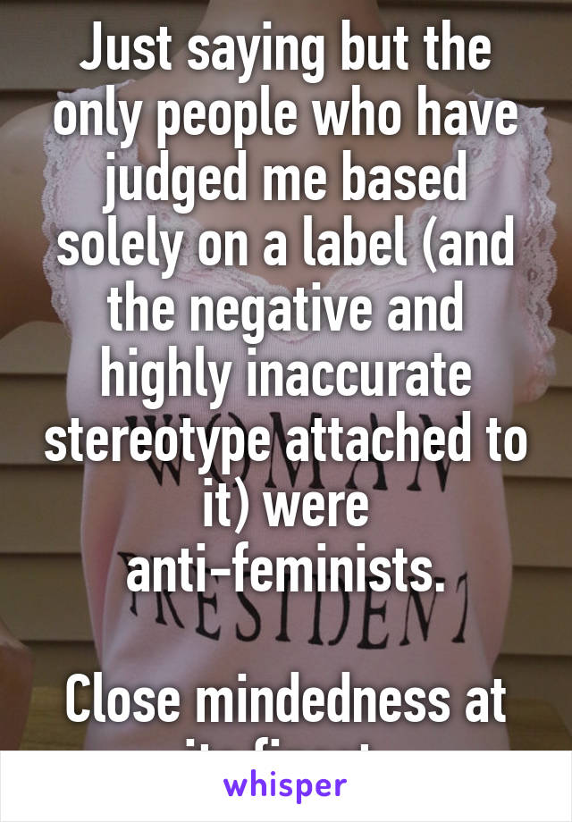 Just saying but the only people who have judged me based solely on a label (and the negative and highly inaccurate stereotype attached to it) were anti-feminists.

Close mindedness at its finest.