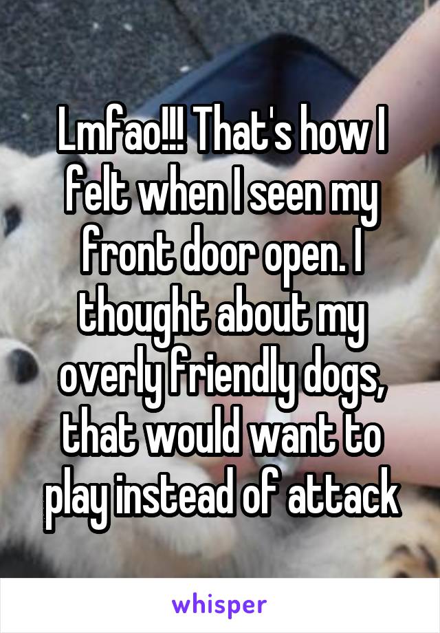 Lmfao!!! That's how I felt when I seen my front door open. I thought about my overly friendly dogs, that would want to play instead of attack