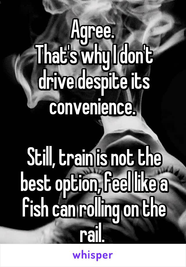 Agree. 
That's why I don't drive despite its convenience. 

Still, train is not the best option, feel like a fish can rolling on the rail. 