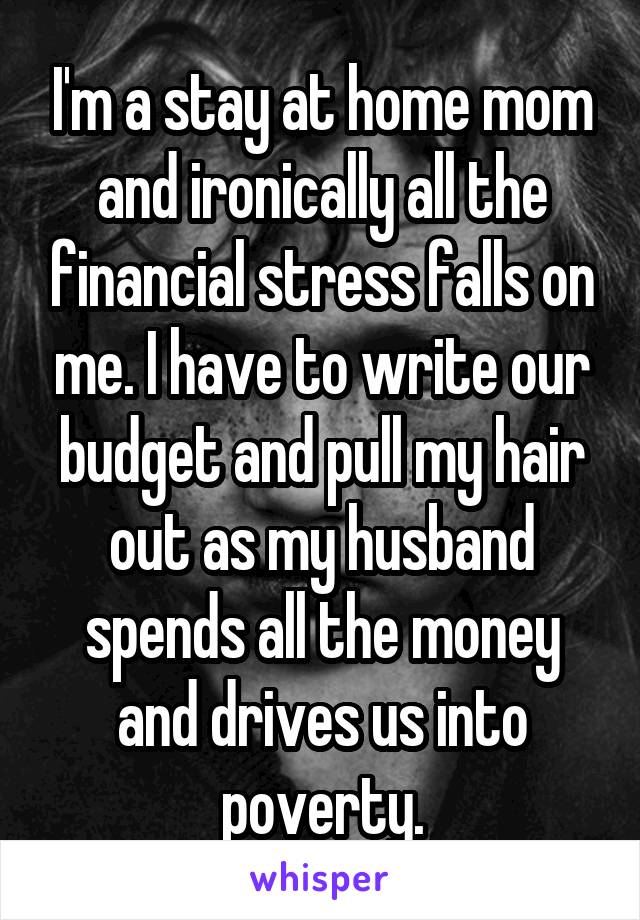 I'm a stay at home mom and ironically all the financial stress falls on me. I have to write our budget and pull my hair out as my husband spends all the money and drives us into poverty.